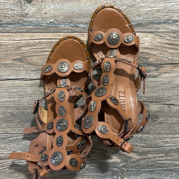 Schutz Summer Sandals Aletta Leather Stacked Heels - Picture 8 of 8